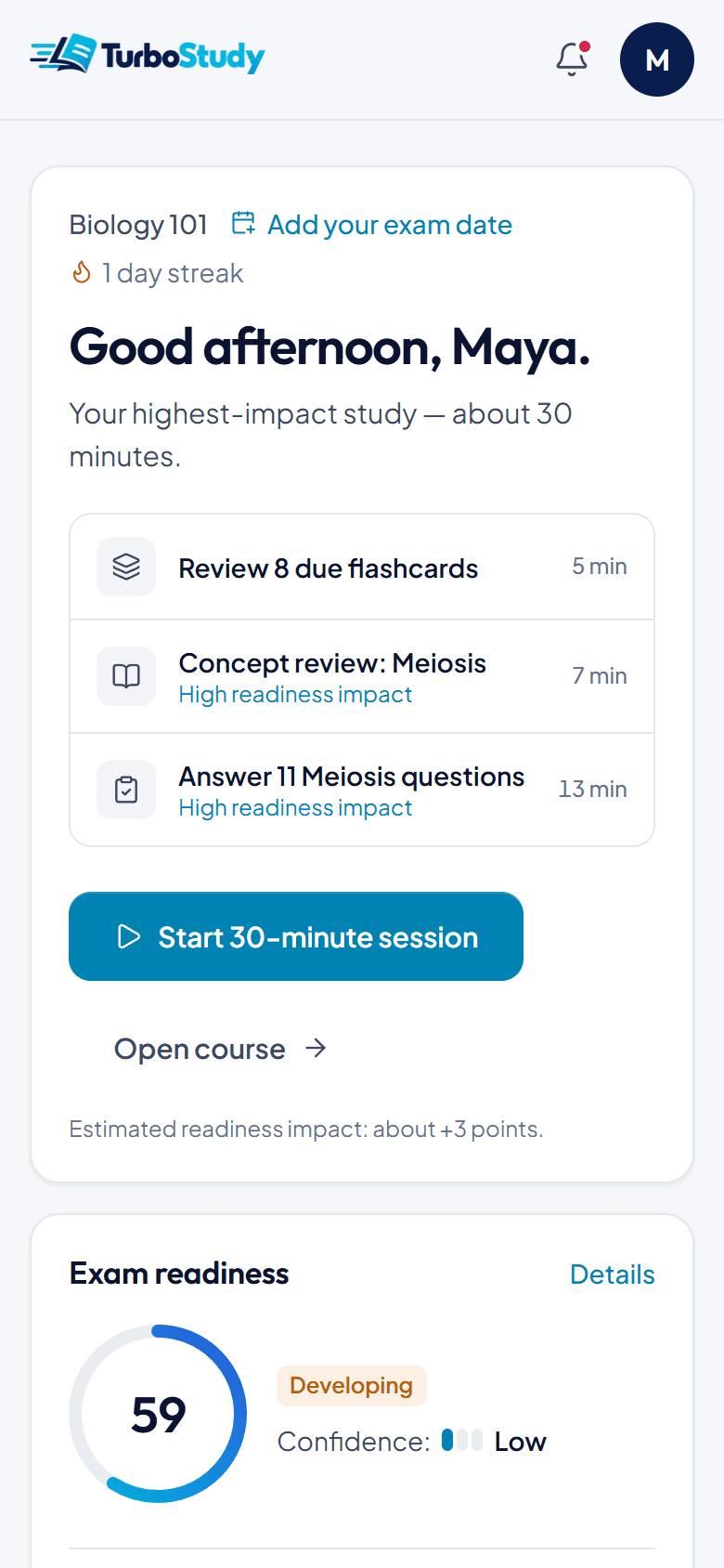 The TurboStudy dashboard on a phone: today's study plan, Exam Readiness and weakest topics for a sample biology course.