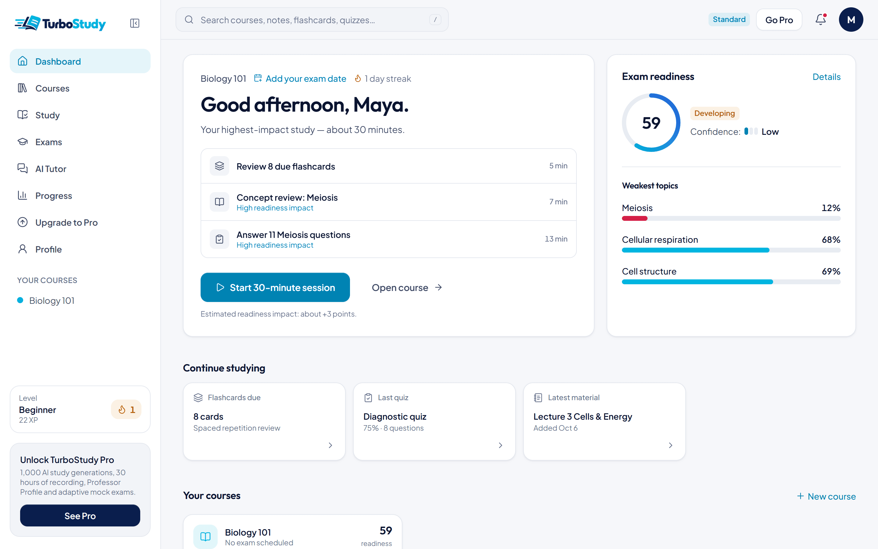 The TurboStudy dashboard: today's 30-minute study plan, an Exam Readiness score of 59 with Meiosis as the weakest topic, and the student's courses.
